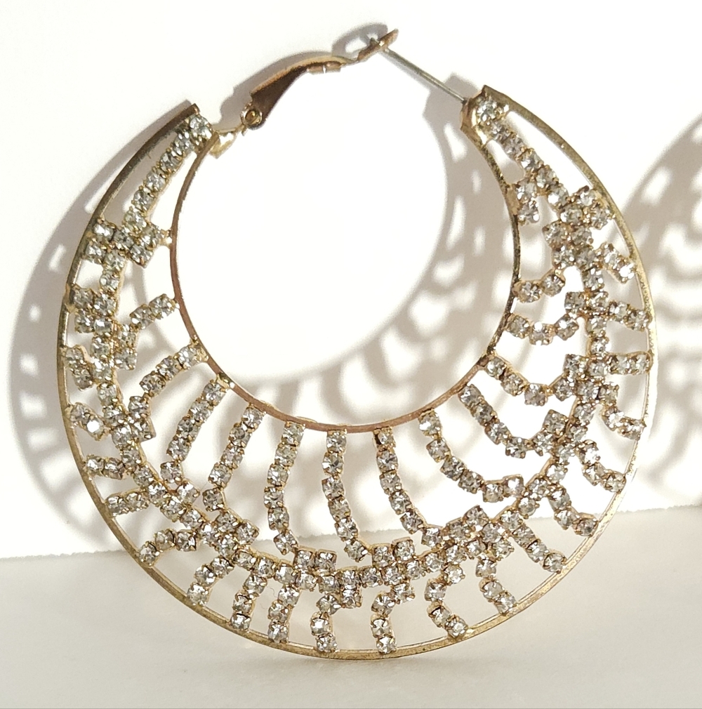 Gold Tone Crystal Hoop Earrings Large Crystal Statement Hoop Earrings - Picture 5 of 14